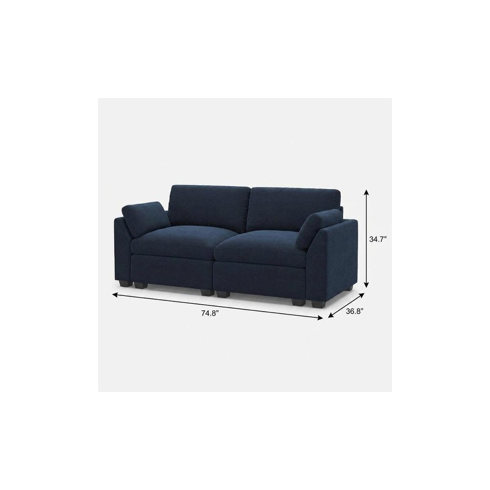 75" Navy Blue and Black Velvet Modular Loveseat