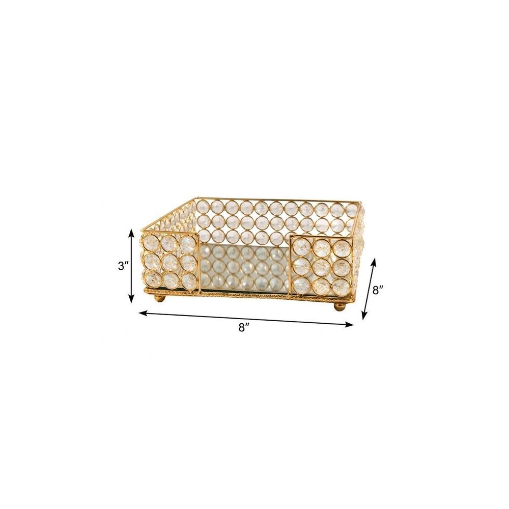 8" Gold Iron And Crystal Square Napkin Holder