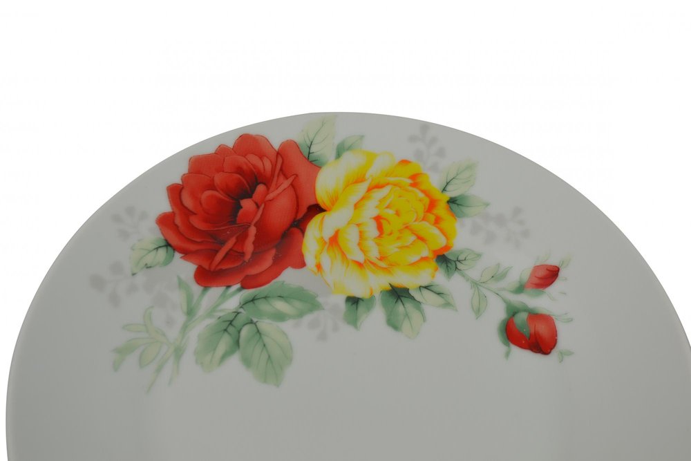 White Red And Yellow Sixteen Piece Round Flat Floral Medallion Ceramic Service For Four Dinnerware Set