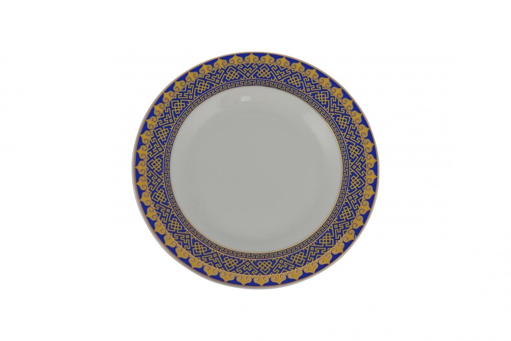 White Blue And Gold 40 Round Flat Abstract Ceramic Service For Eight Dinnerware Set