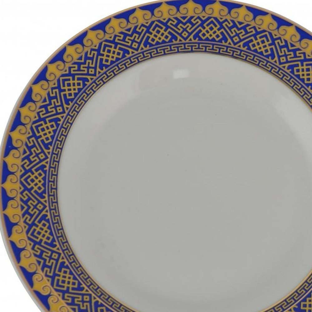 White Blue And Gold 40 Round Flat Abstract Ceramic Service For Eight Dinnerware Set