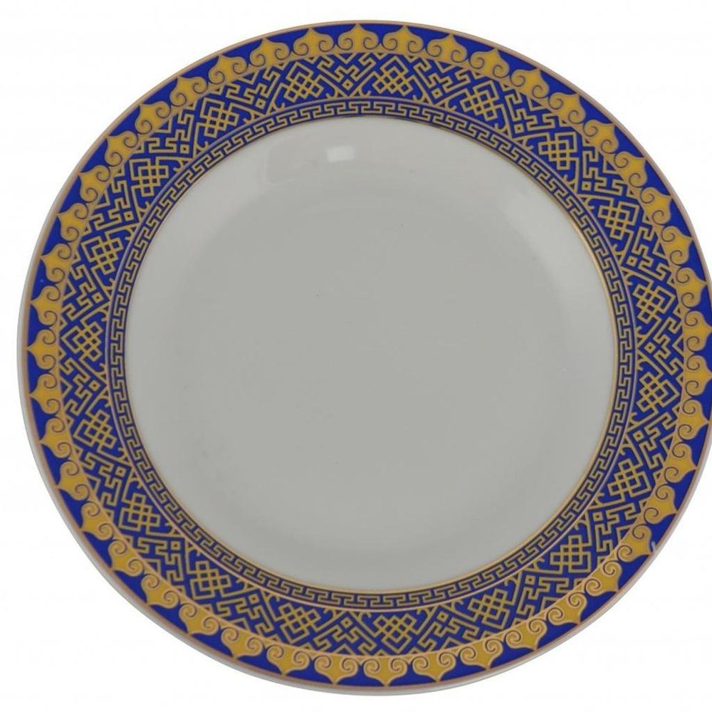 White Blue And Gold 40 Round Flat Abstract Ceramic Service For Eight Dinnerware Set