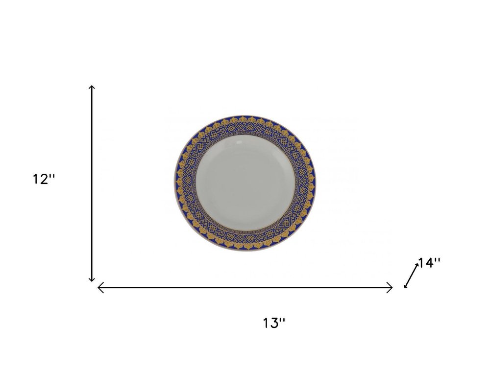 White Blue And Gold 40 Round Flat Abstract Ceramic Service For Eight Dinnerware Set