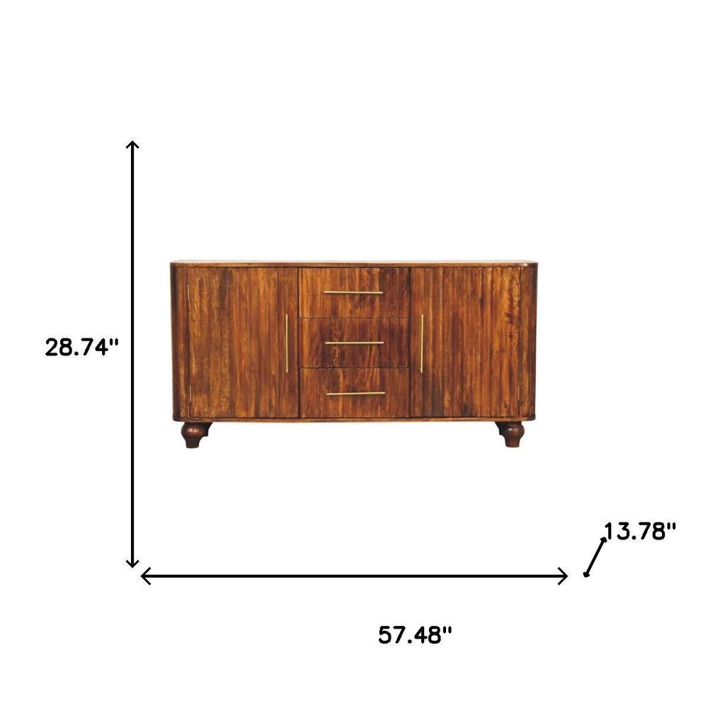 57" Brown Solid Wood Three Drawer Sideboard