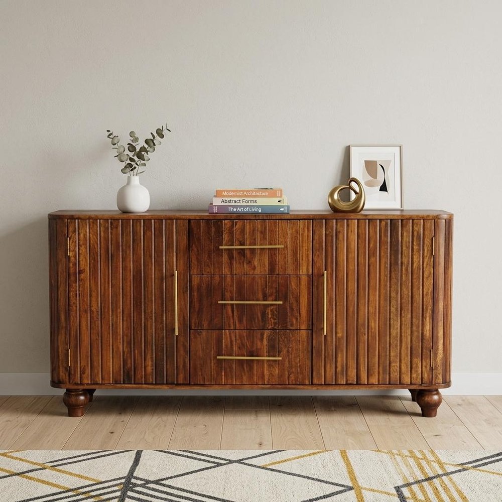 57" Brown Solid Wood Three Drawer Sideboard