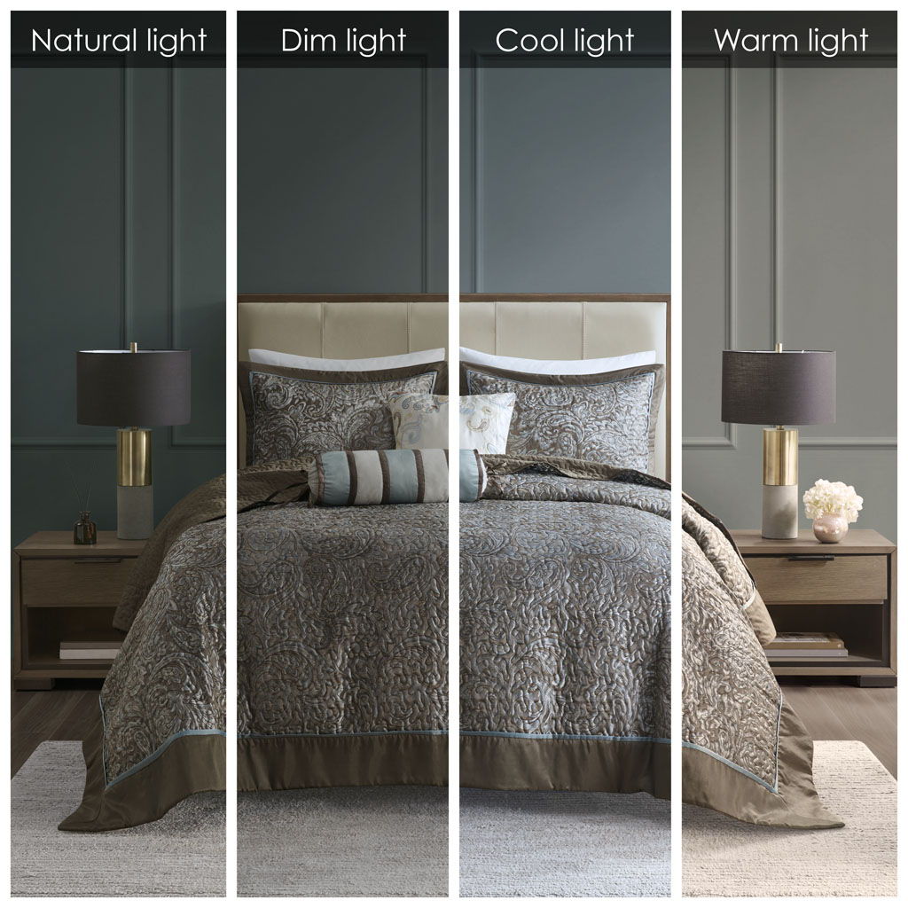 Aubrey - Queen 5 Piece Reversible Bedspread Set - Blue / Brown