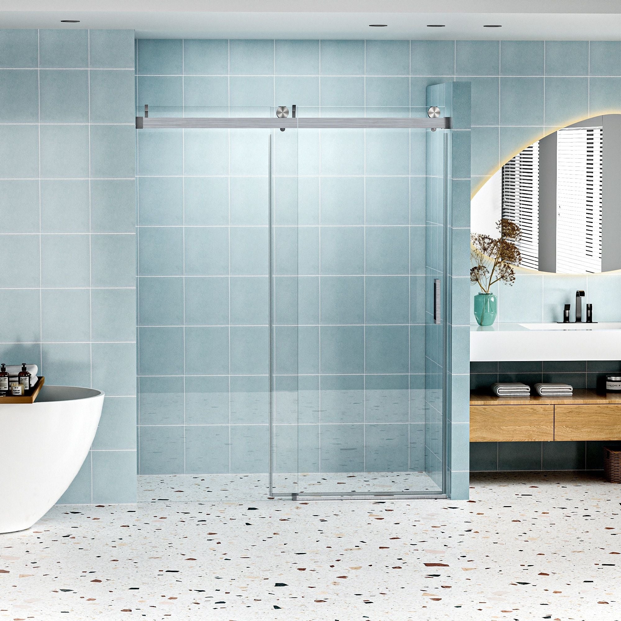 Frameless Soft-Closing Shower Door, 1/4" (6 Mm) Tempered Glass Single Sliding With Explosion Proof Coating