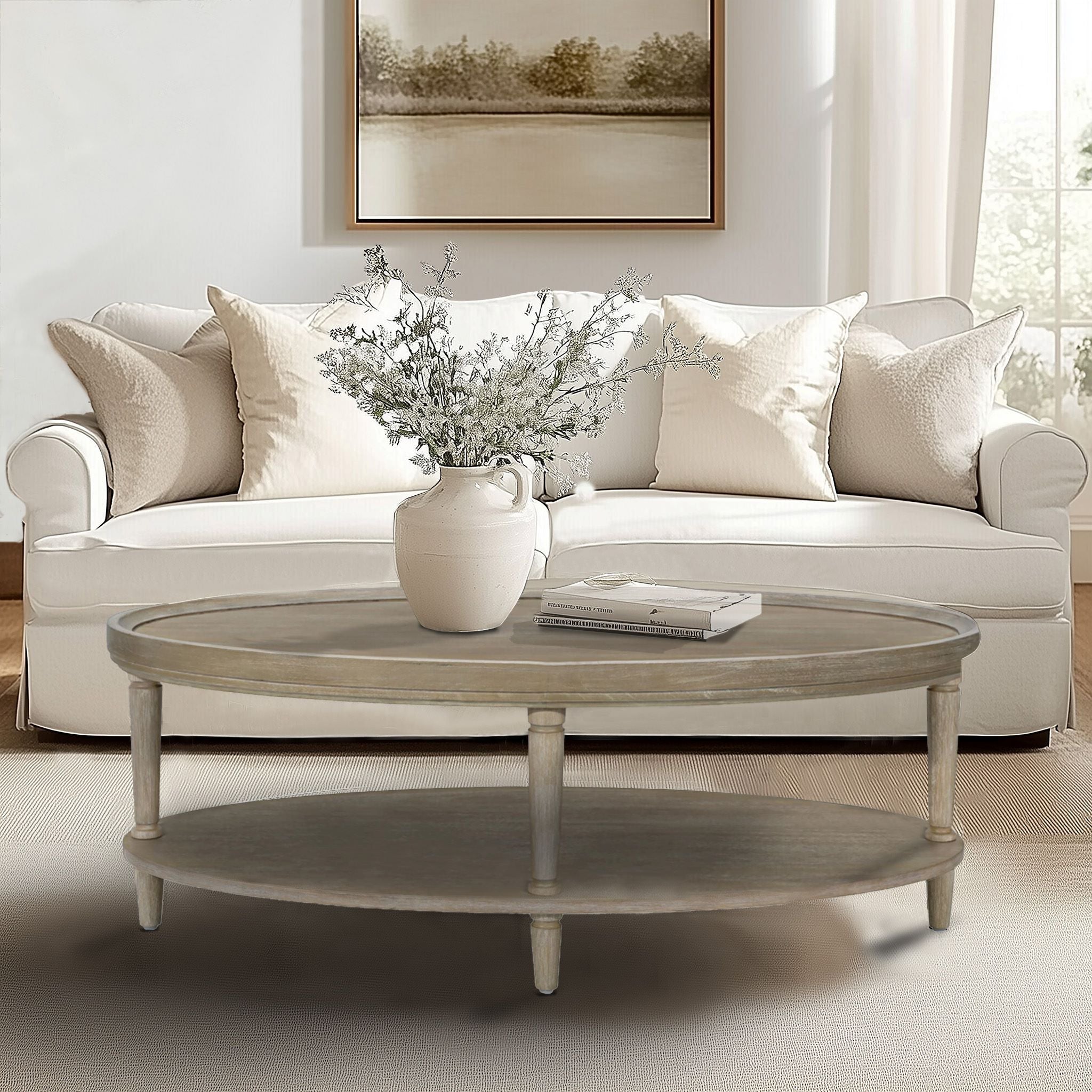 Ayanna - Oval Coffee Table With Shelf - Reclaimed Greige