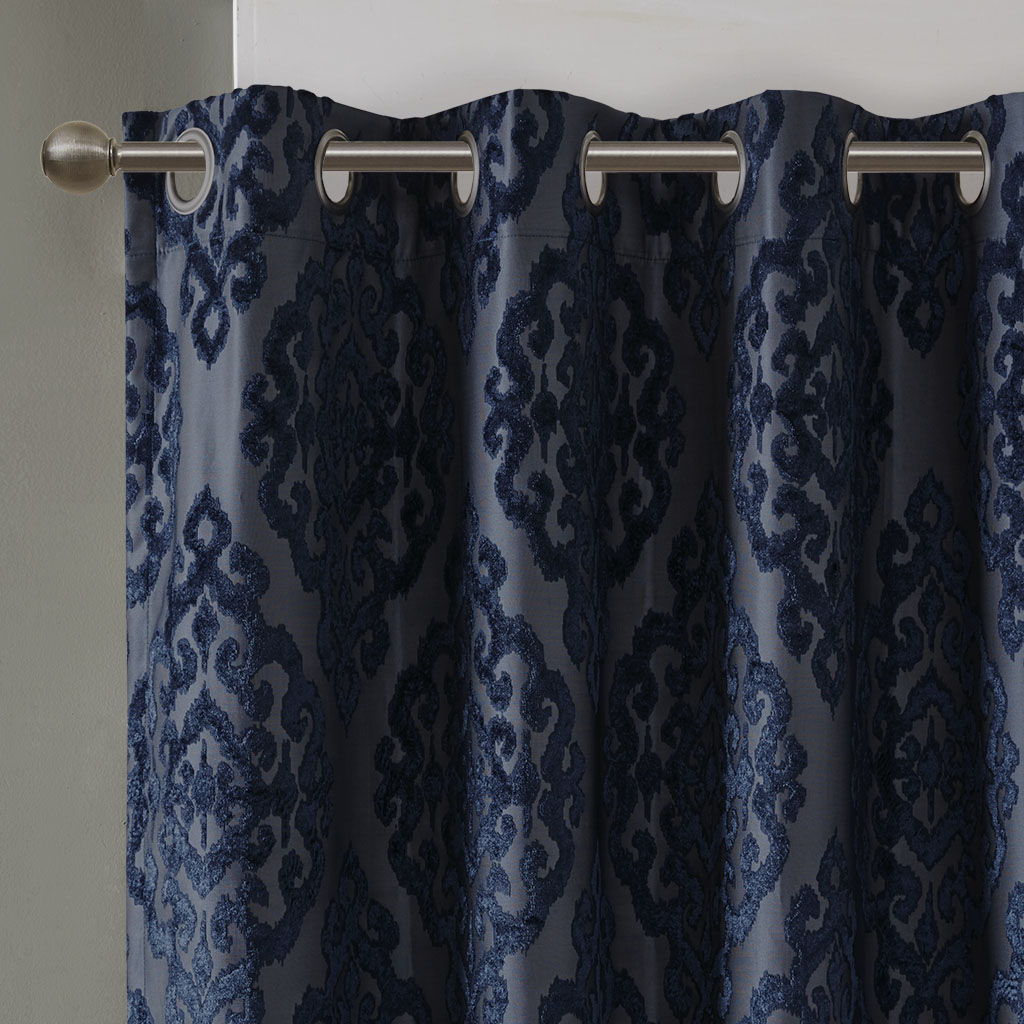 Mirage - 95" Knitted Damask Total Blackout Grommet Top Curtain Panel - Navy