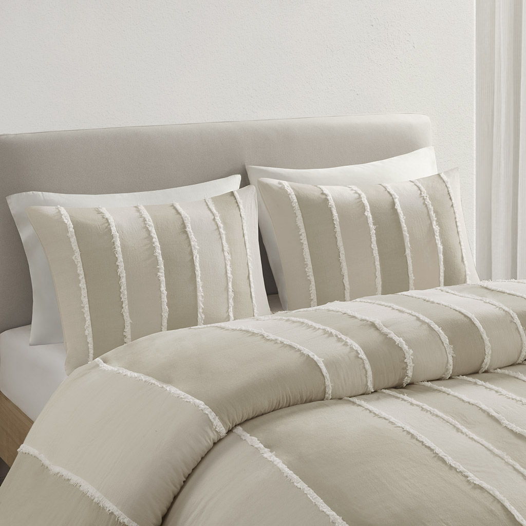 Shay - 3 Piece Striped Cotton Duvet Cover Set - Taupe