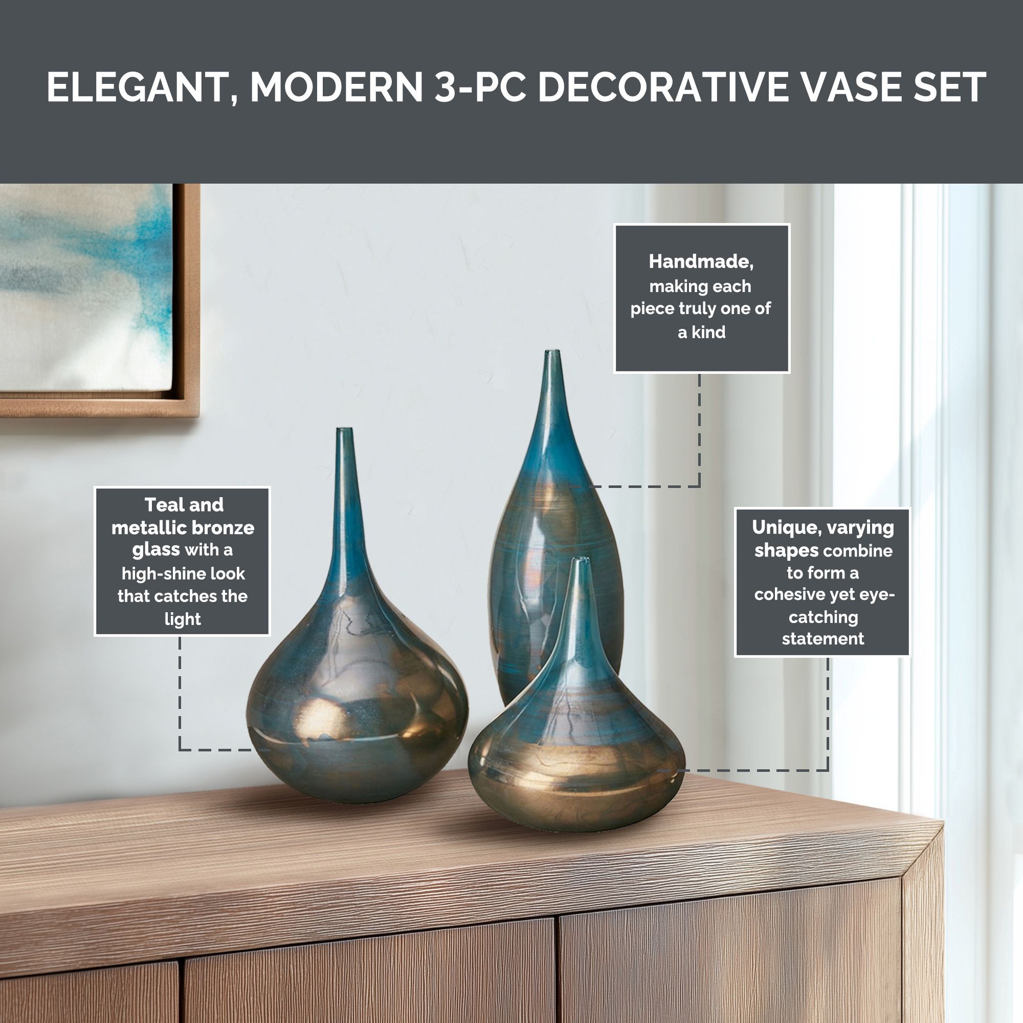 Lucia - Handmade Rainbow Vase (Set of 3) - Blue Metal