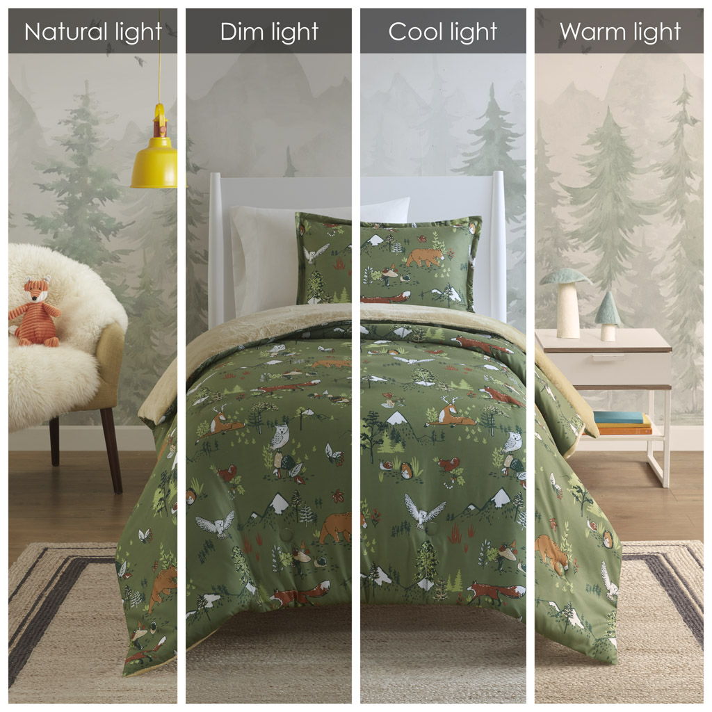 Heath - Forest Animals Plush Reversible Comforter Set - Green