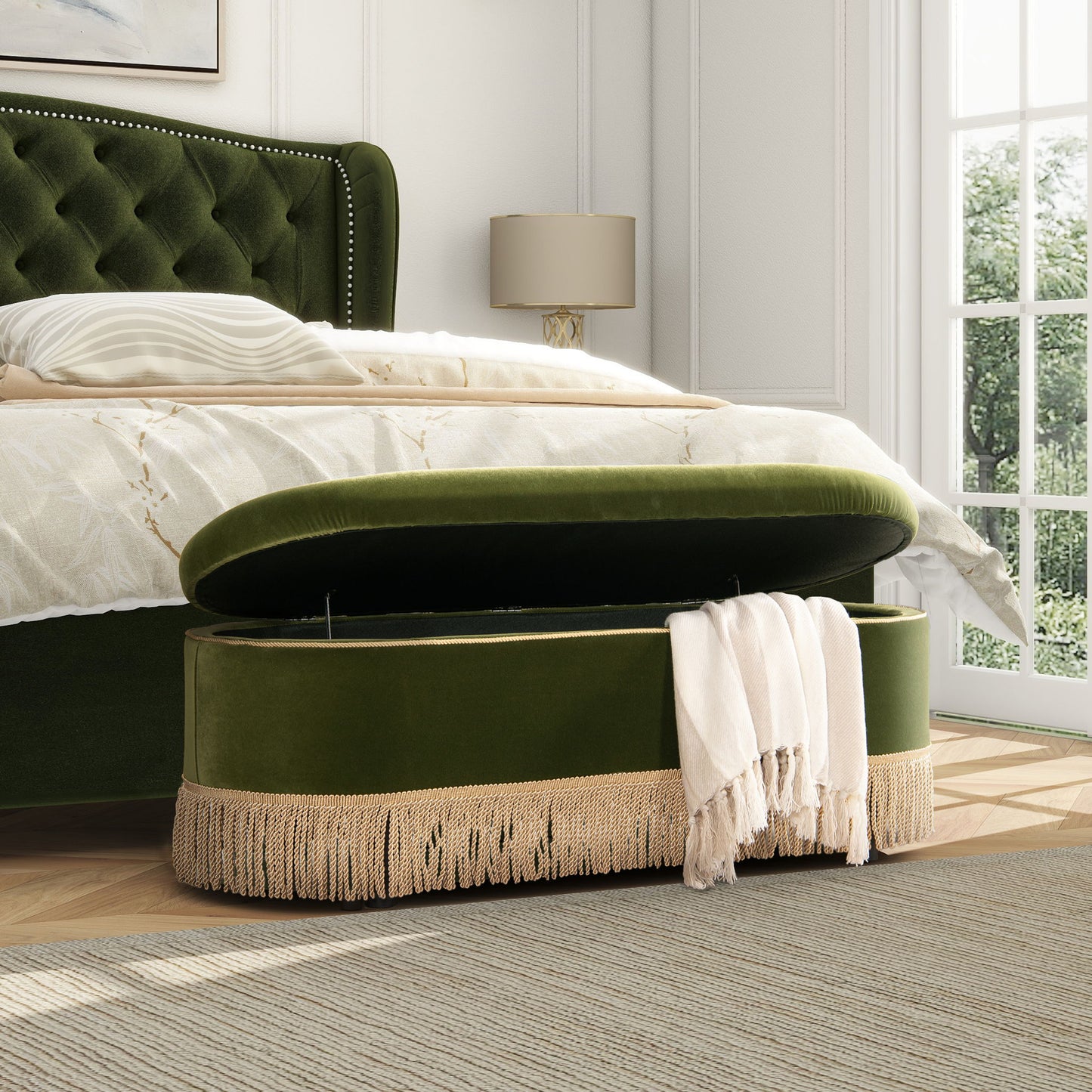Melinda - Oval Tufted Bullion Fringe Storage Bench