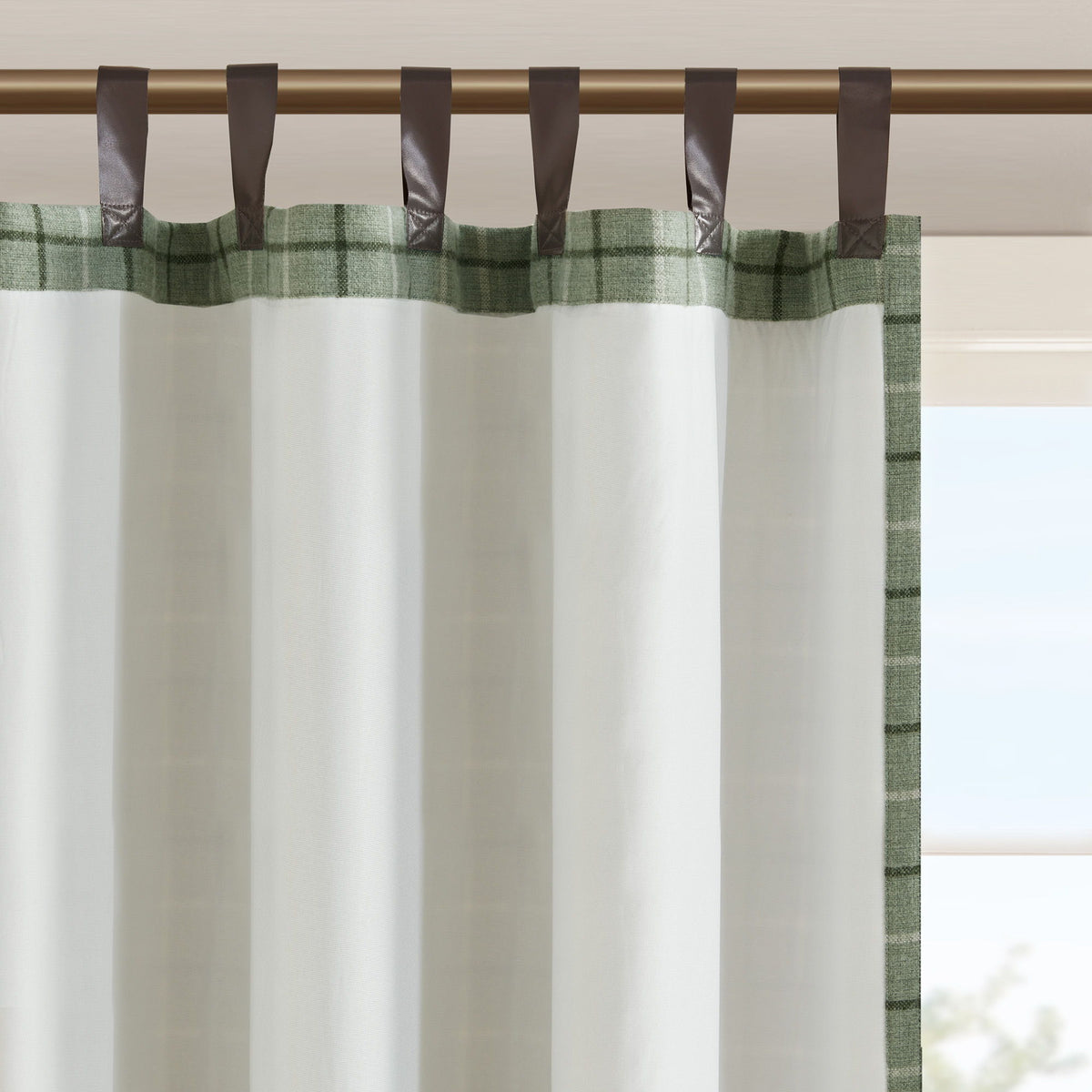 Anaheim - Plaid Faux Leather Tab Top Curtain Panel With Fleece Lining - Green