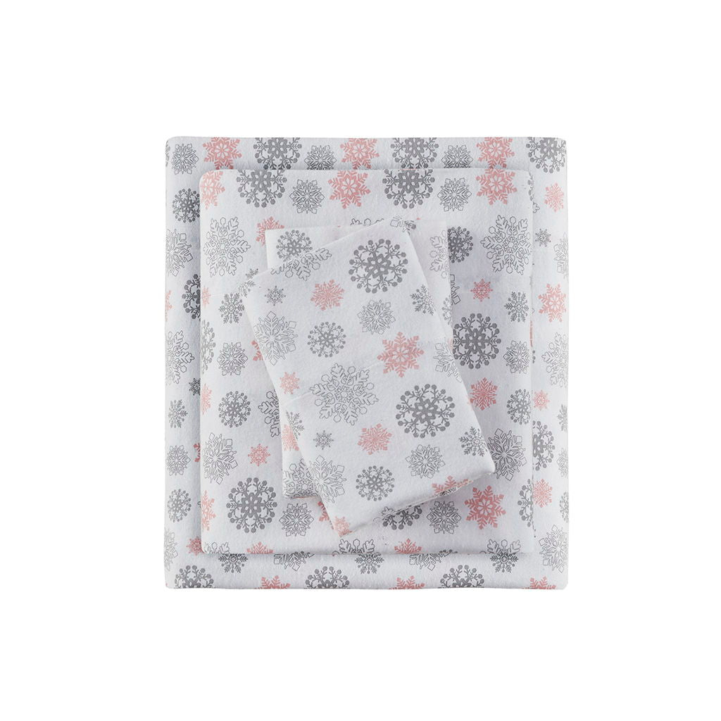 Cozy Flannel - Sheet Set - Pink / Gray Snowflakes