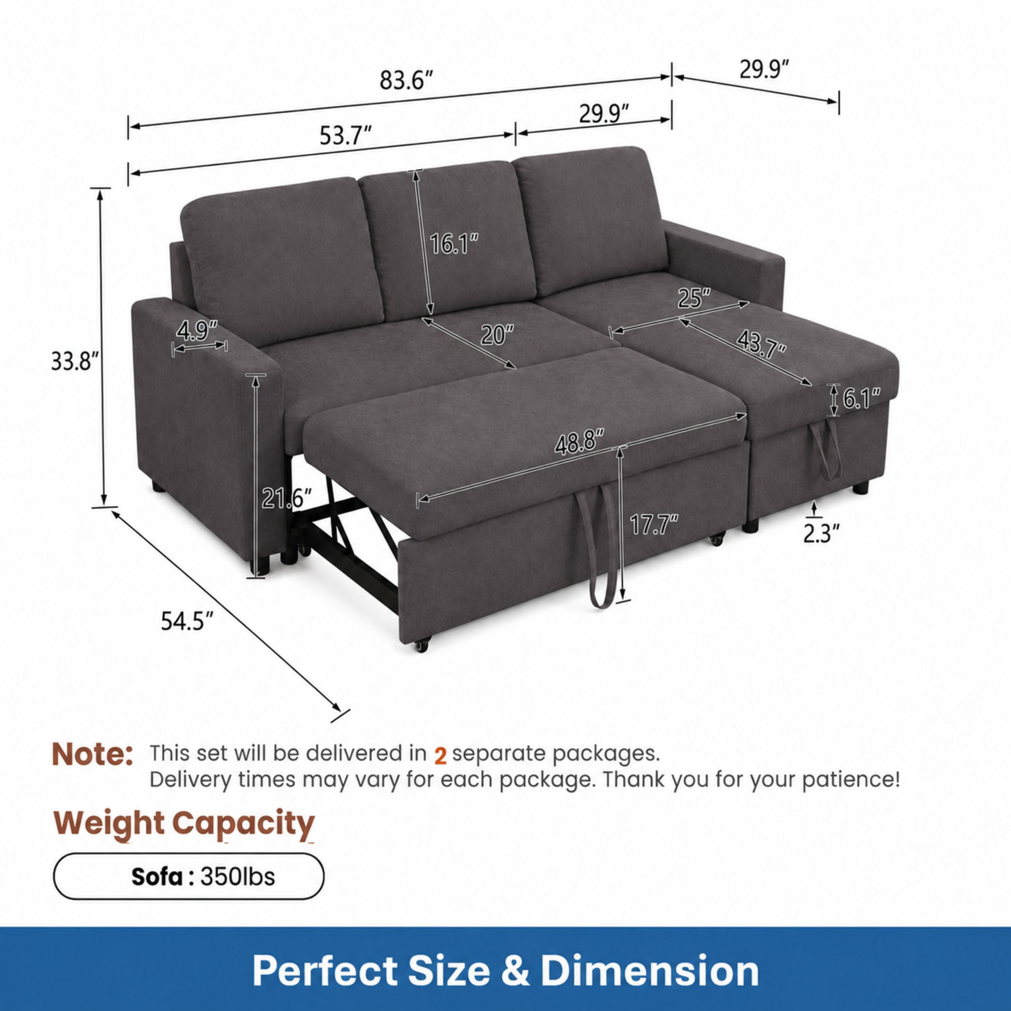 L - Shaped Convertible Sofa Bed With Storage Chaise
