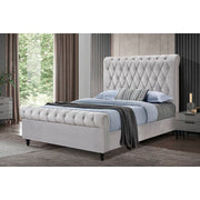 LIGHT GRAY Velvet Rolled Top Tufted Platform Bed - QUEEN