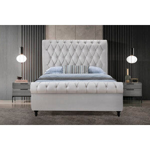 LIGHT GRAY Velvet Rolled Top Tufted Platform Bed - QUEEN