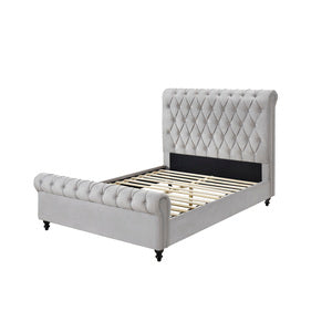 LIGHT GRAY Velvet Rolled Top Tufted Platform Bed - QUEEN