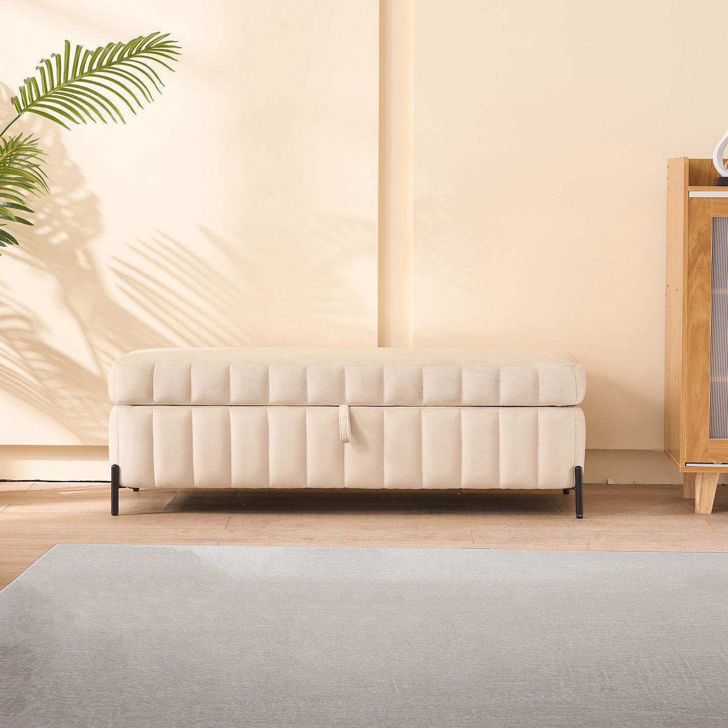 Wide Upholstered Storage Soft Bench Ottoman With Metal Legs