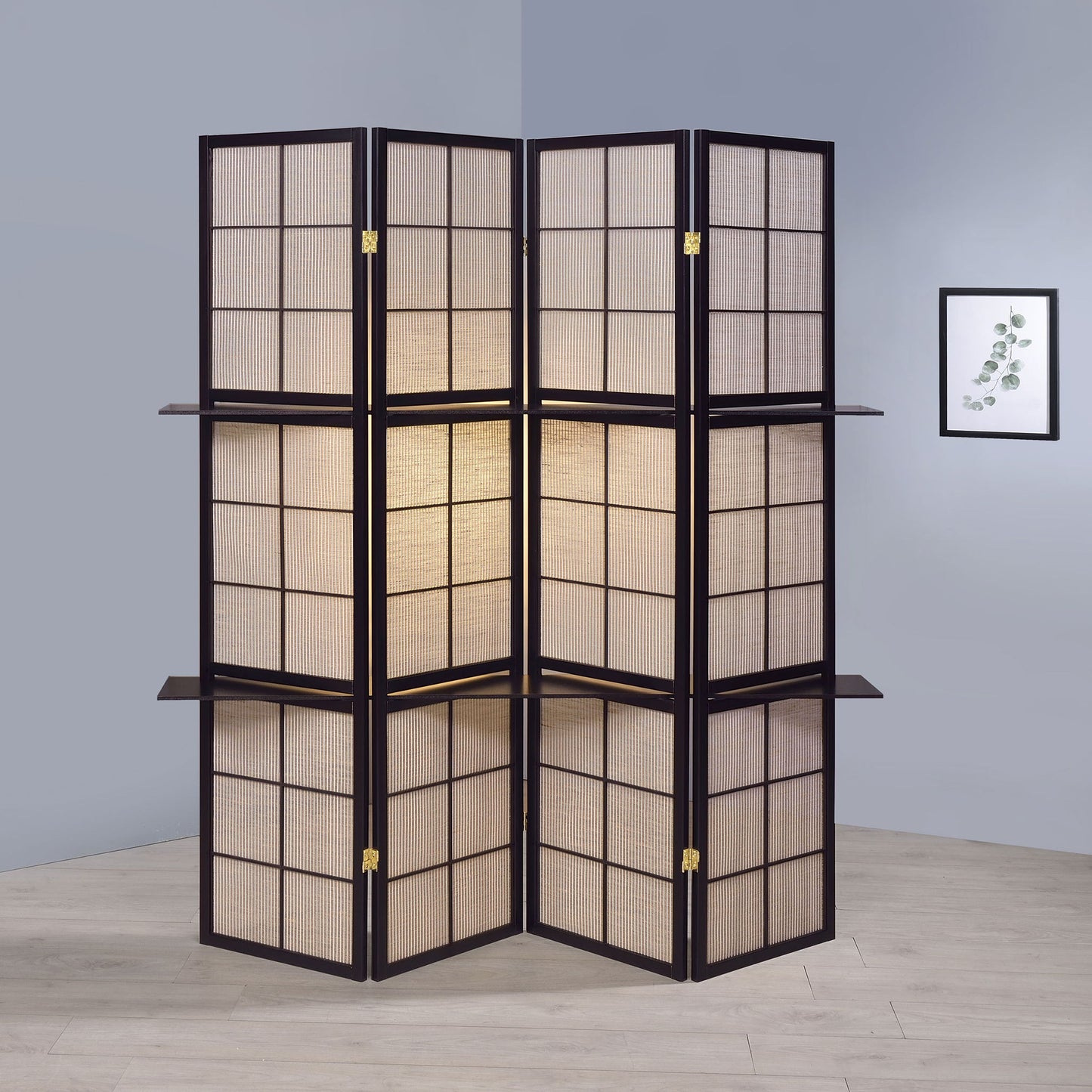 4 Panel Folding Screen With Shelves - Brown