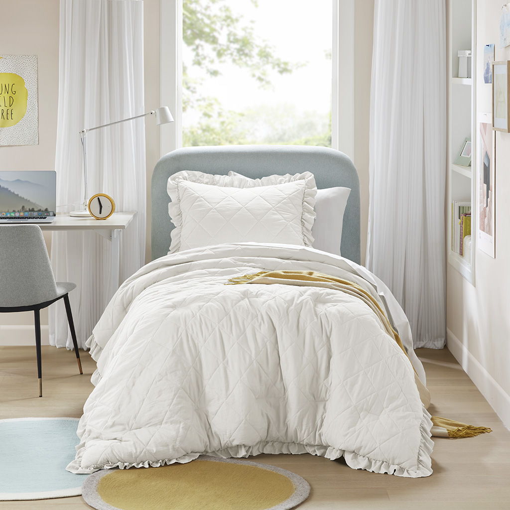 Phoebe - Twin/Twin Long Diamond Quilted Ruffle Edge Comforter Set - Ivory