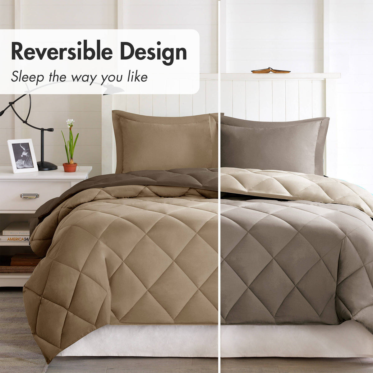 Larkspur - 3M Scotchgard Diamond Quilting Reversible Down Alternative Comforter Set - Brown / Sand