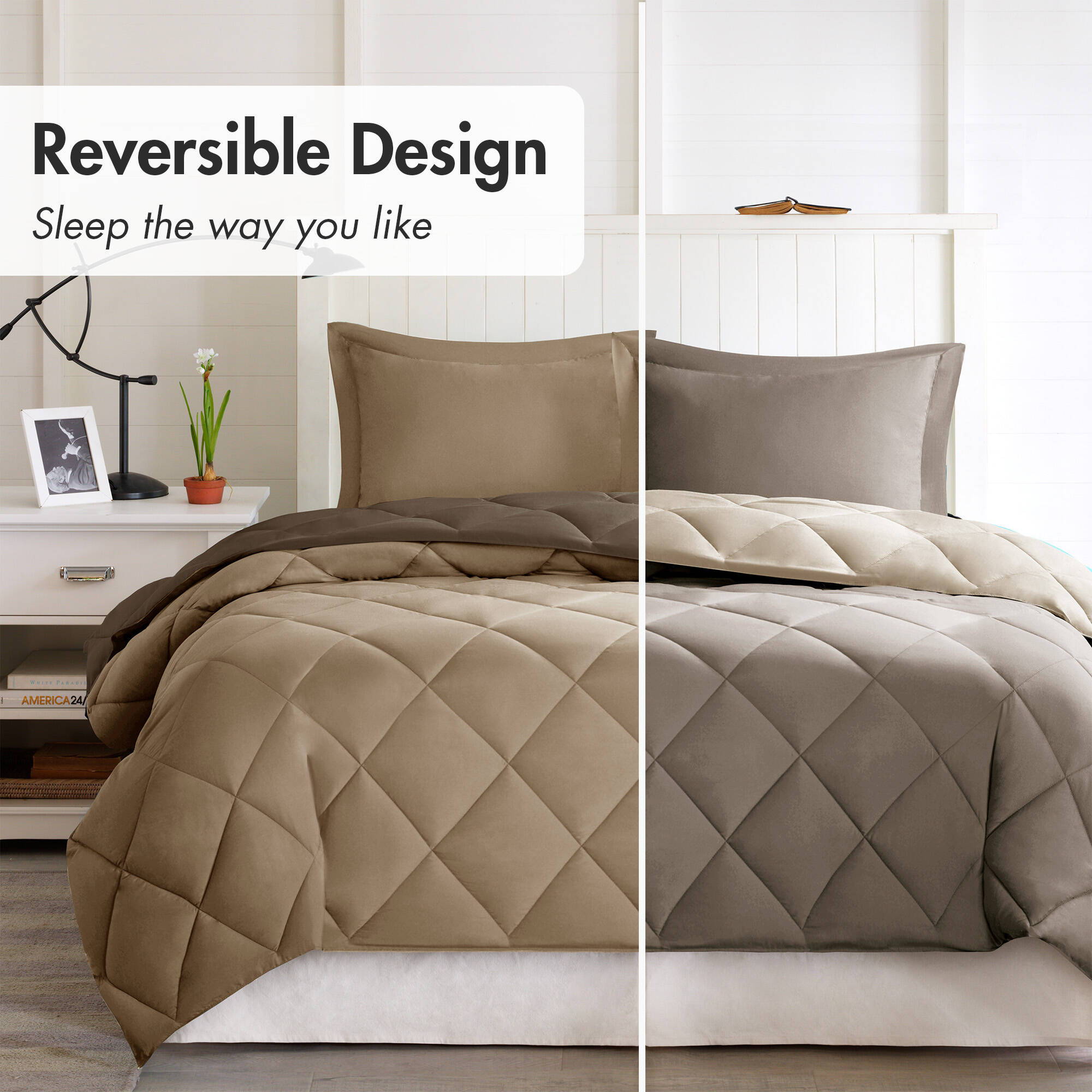 Larkspur - Twin 3M Scotchgard Diamond Quilting Reversible Down Alternative Comforter Set - Brown / Sand