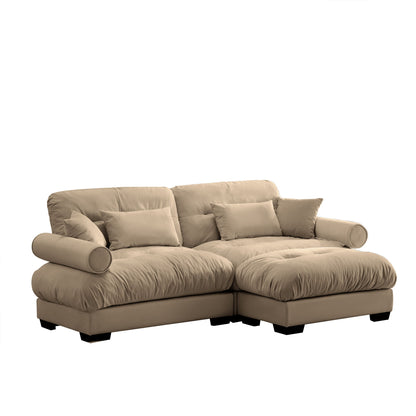 Modern Sectional Sofa With Ottoman, Round Bolster Armrests, Waist And Throw Pillows