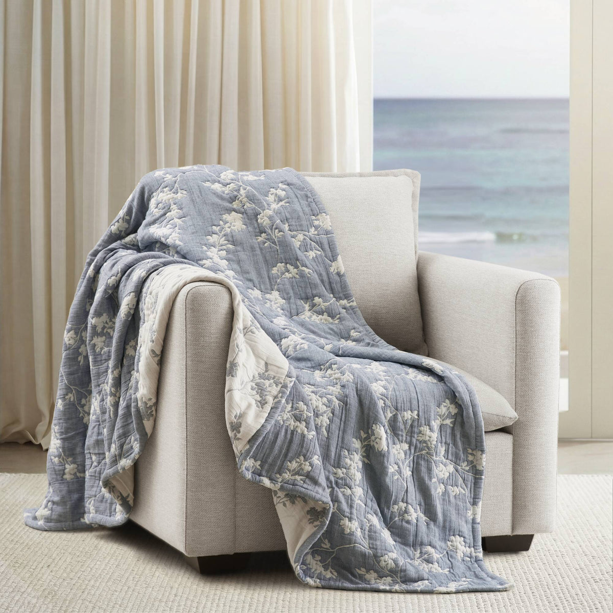 Catalina Botanical - Cotton Jacquard Throw - Navy / White