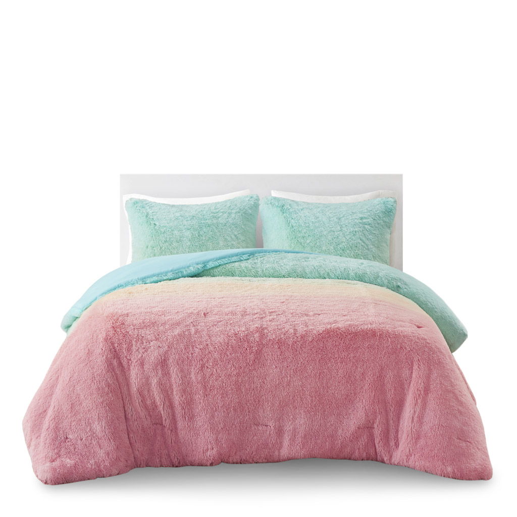 Primrose - Ombre Shaggy Faux Fur Comforter Set - Aqua Multi
