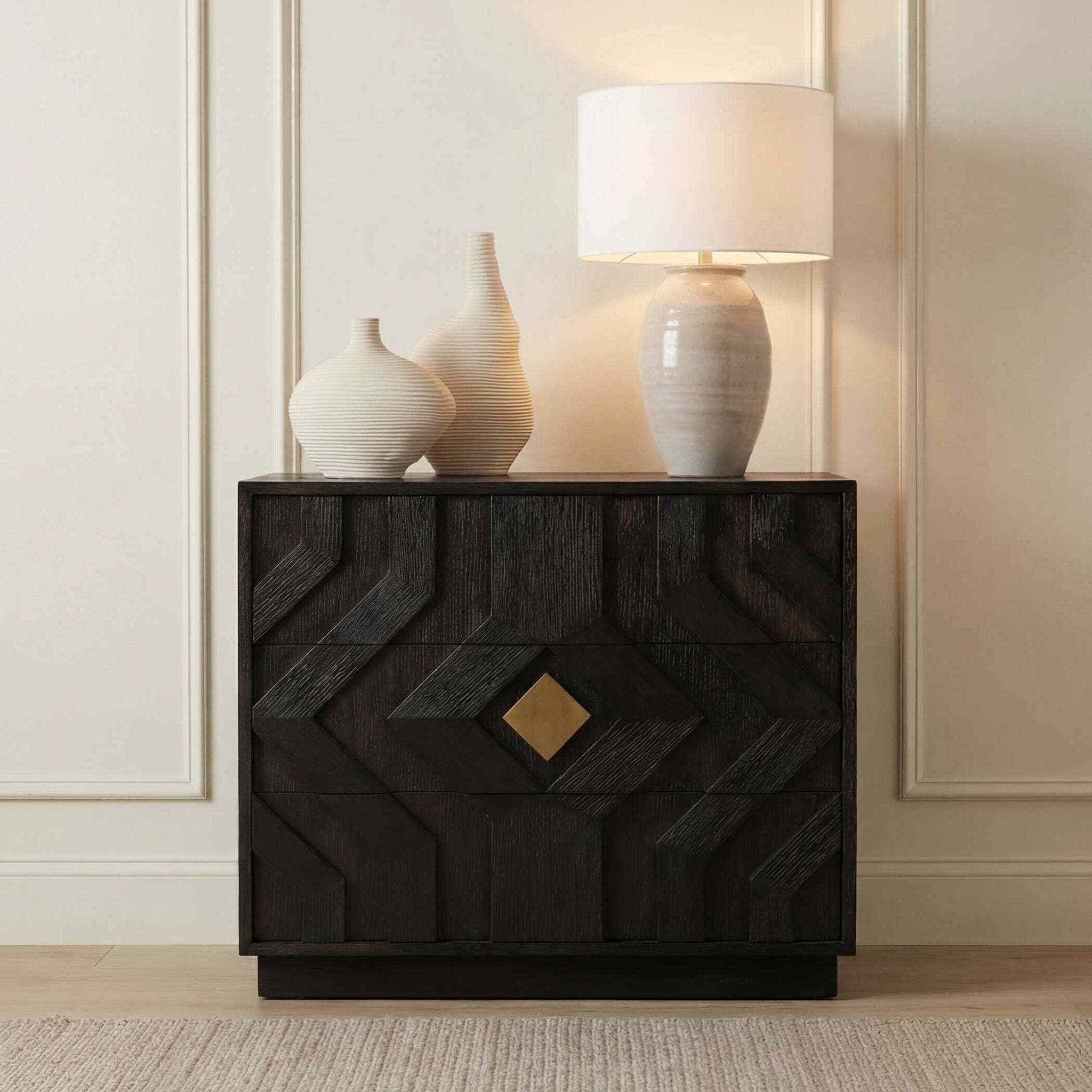 Faulkner - 3 Drawer Modern Chest - Black / Brass