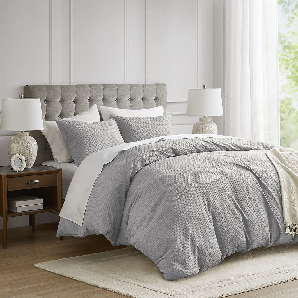Mina - Full/Queen Waffle Weave Textured Duvet Cover Set - Light Gray