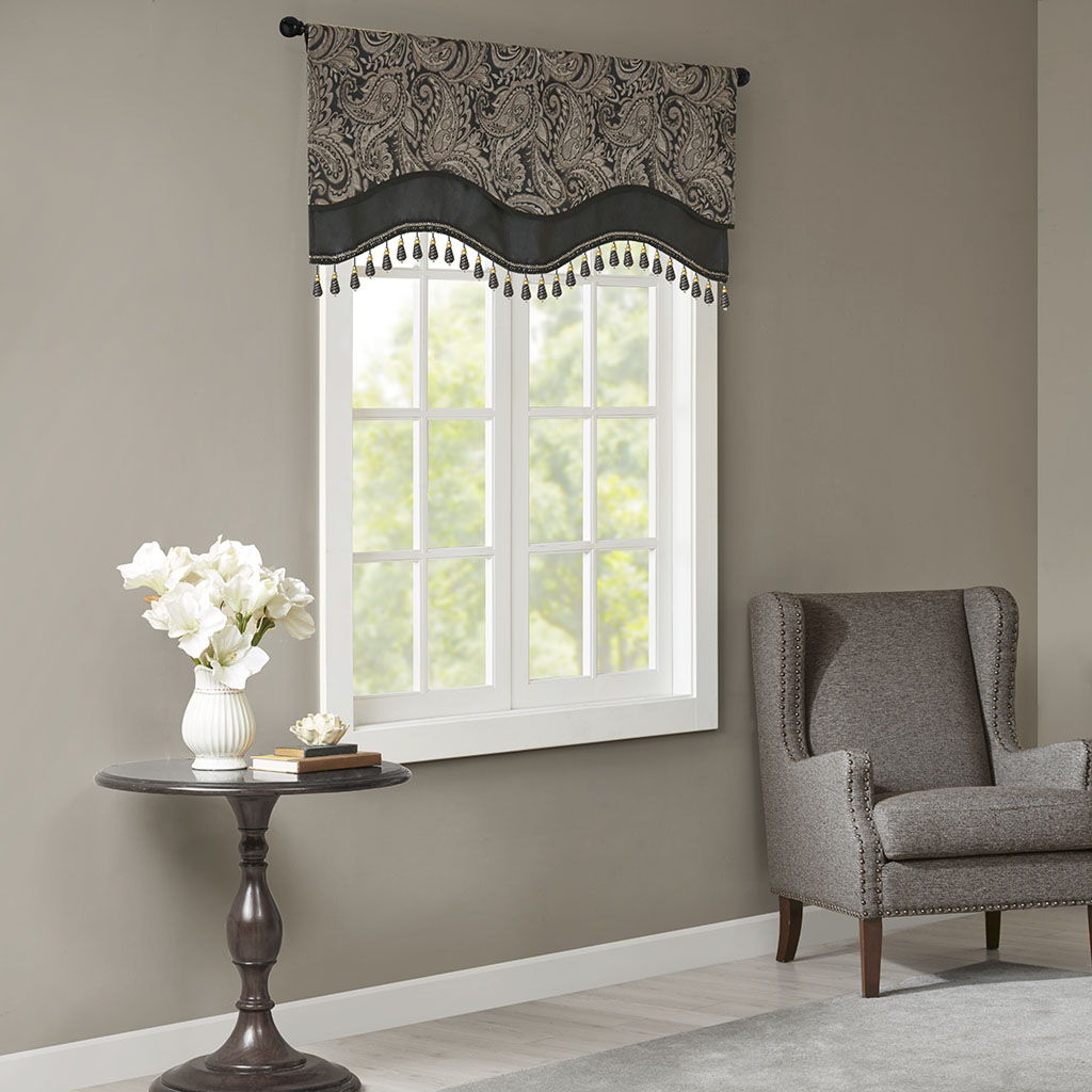Aubrey - Window Rod Pocket Valance With Beads - Black