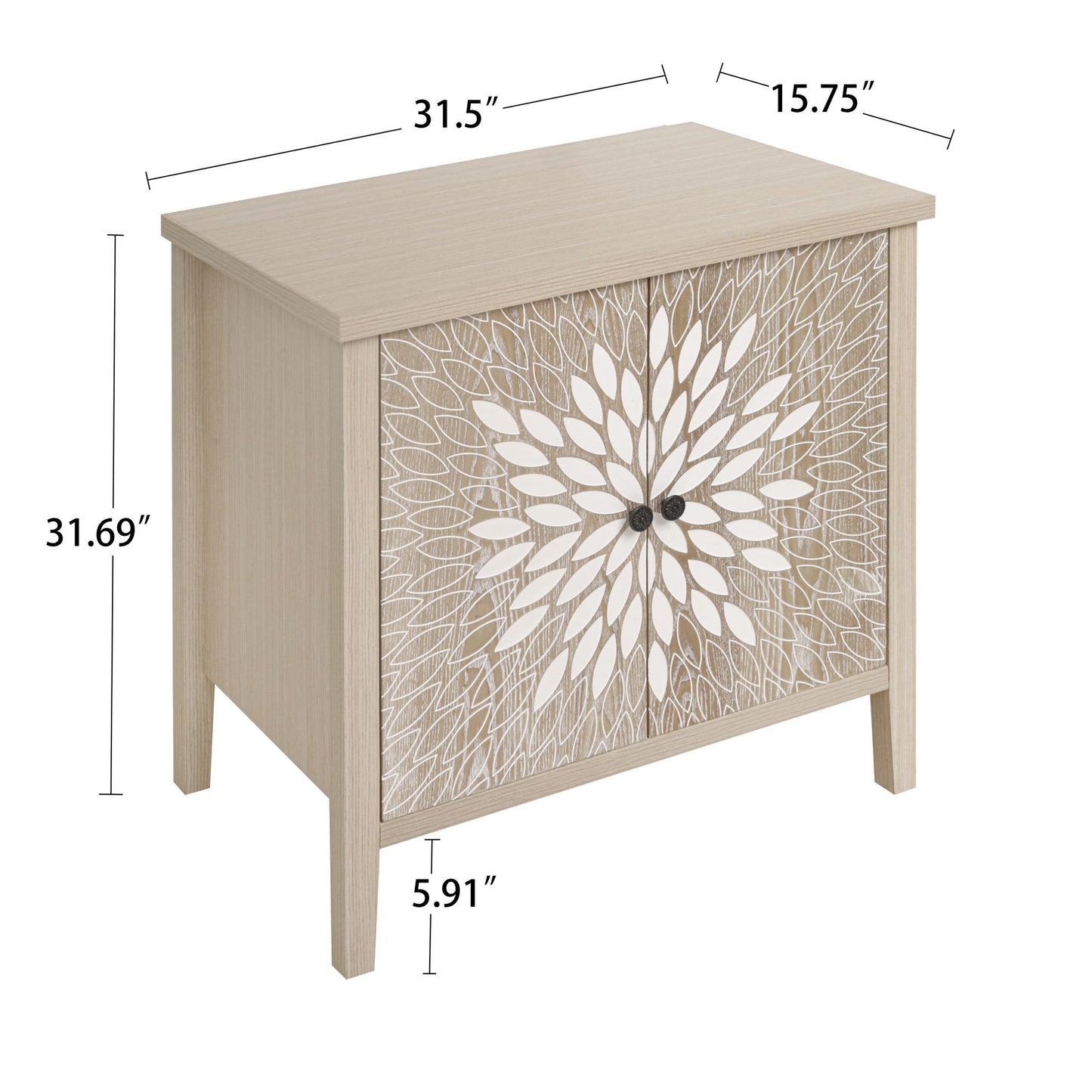 2 Door Carved Storage Cabinet With Adjustable Shelf, Accent Furniture