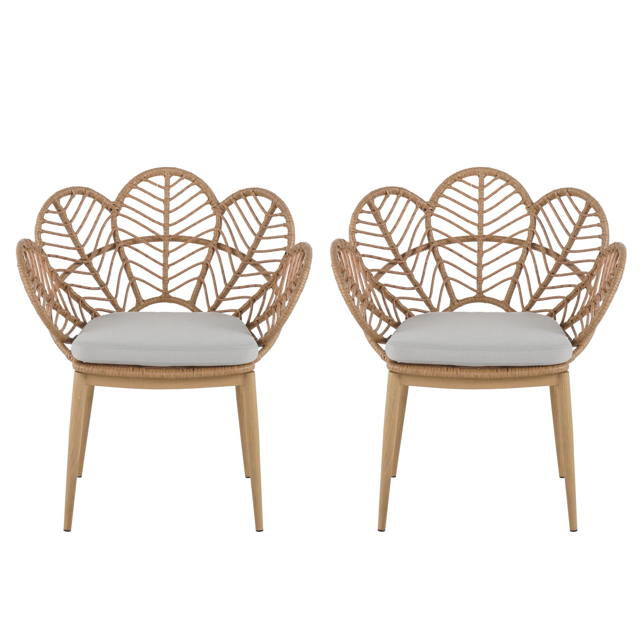 Kirk - Outdoor Wicker Peacock Shape Papasan Style Chair, Teak Finished Leg (Set of 2) - Beige / Light Brown / Light Teak