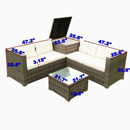 4 Piece Patio Sectional Wicker Rattan Outdoor Furniture Sofa Set With Storage Box