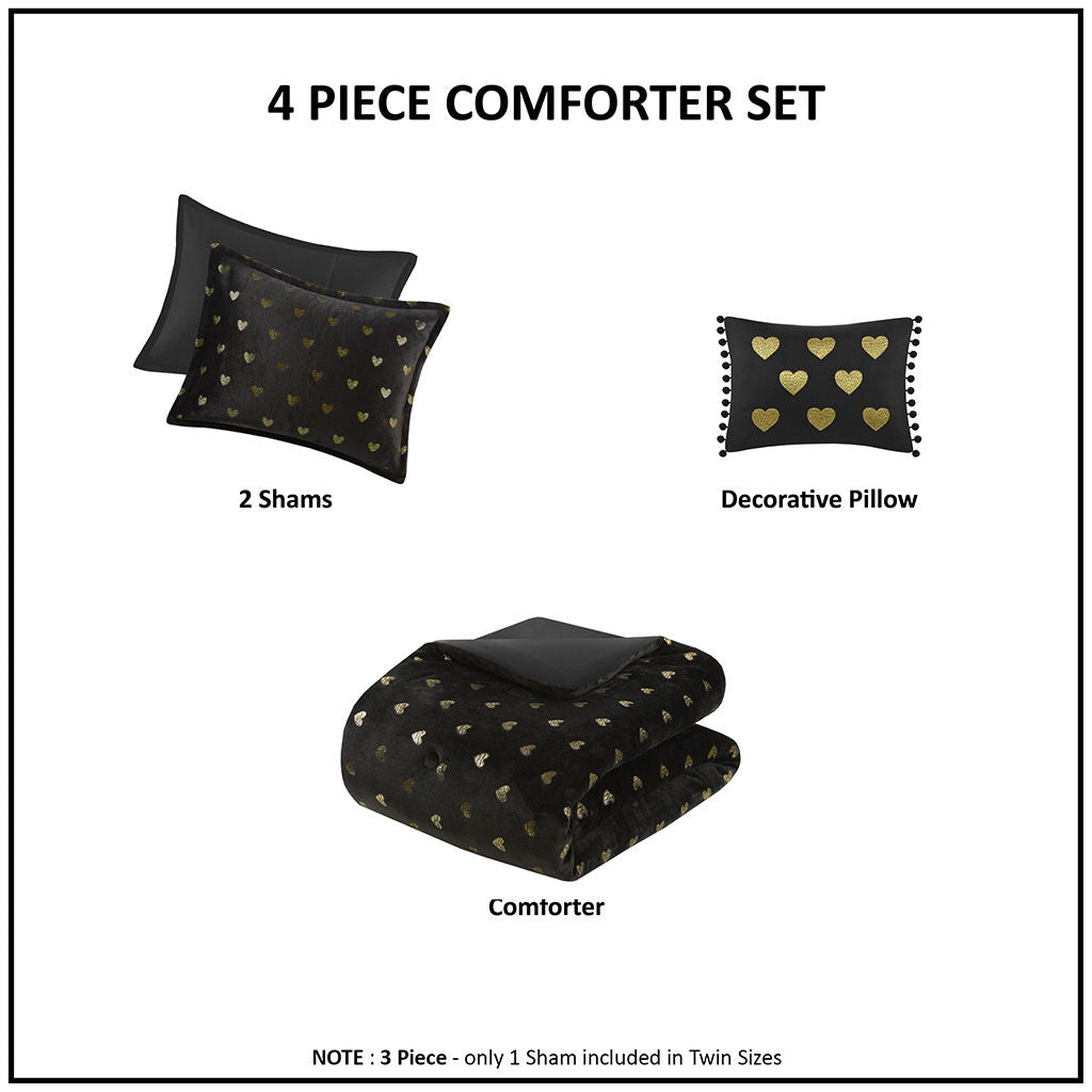 Rosalie - 3 Piece Twin/Twin Long Metallic Printed Plush Comforter Set With Throw Pillow - Black/Gold