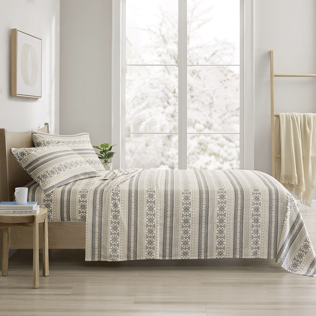 Cozy Cotton Flannel - Printed King Sheet Set - Gray / Taupe Nordic