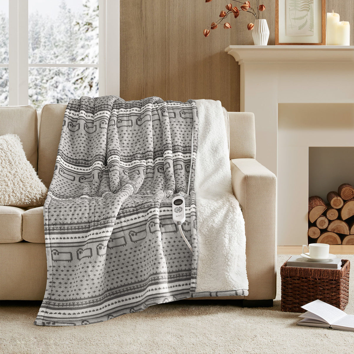 Print Plush to Sherpa - Heated Throw - Gray Cozy Sheep