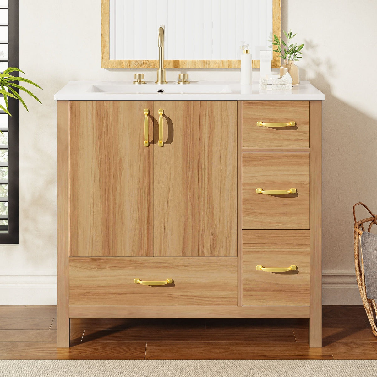 Bathroom Vanity, 2 Soft Close Doors, 4 Soft Close Drawers, Adjustable Shelf, Storage Cabinet - Acacia Wood