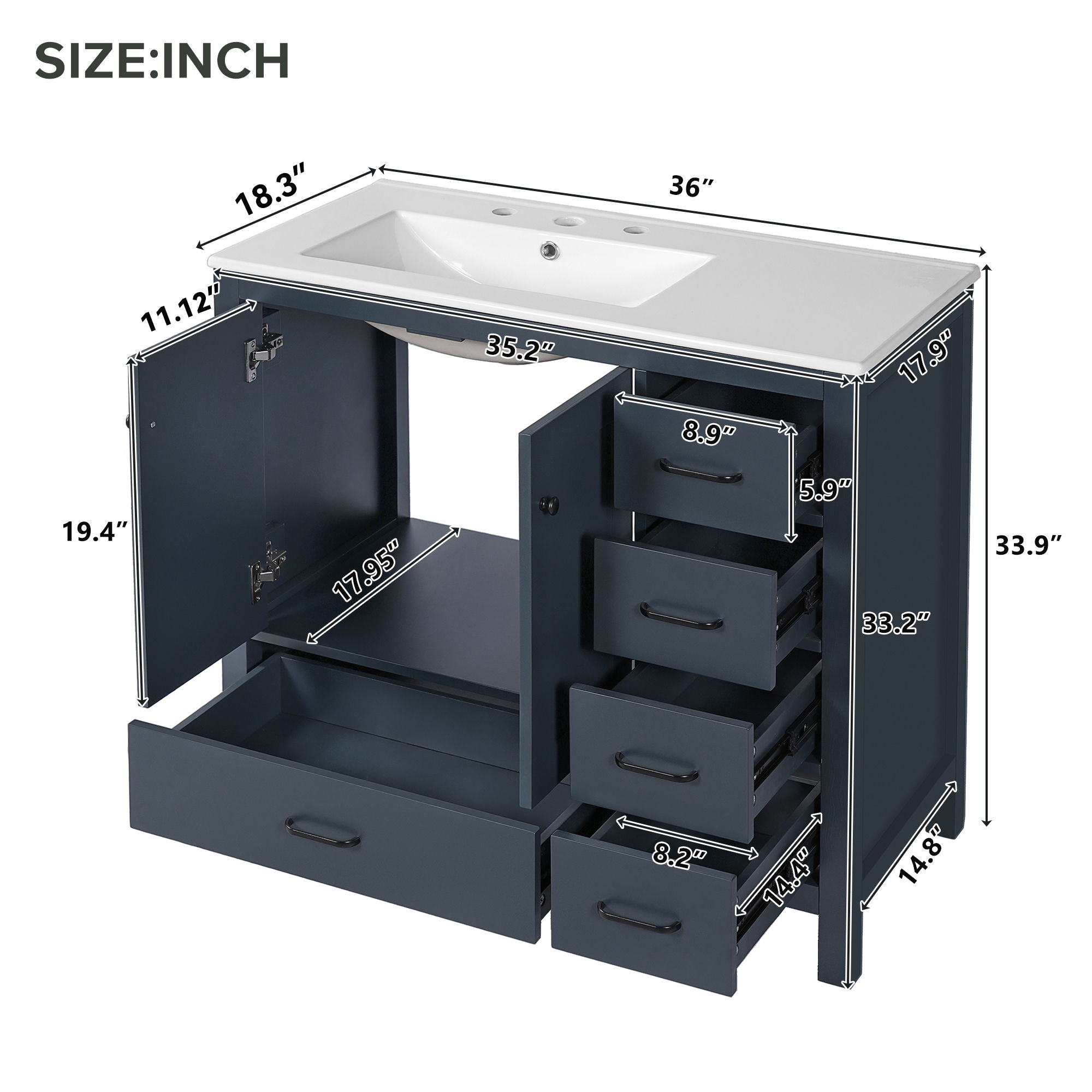 Bathroom Vanity With Sink Combo, 2 Soft Close Doors And 5 Drawers