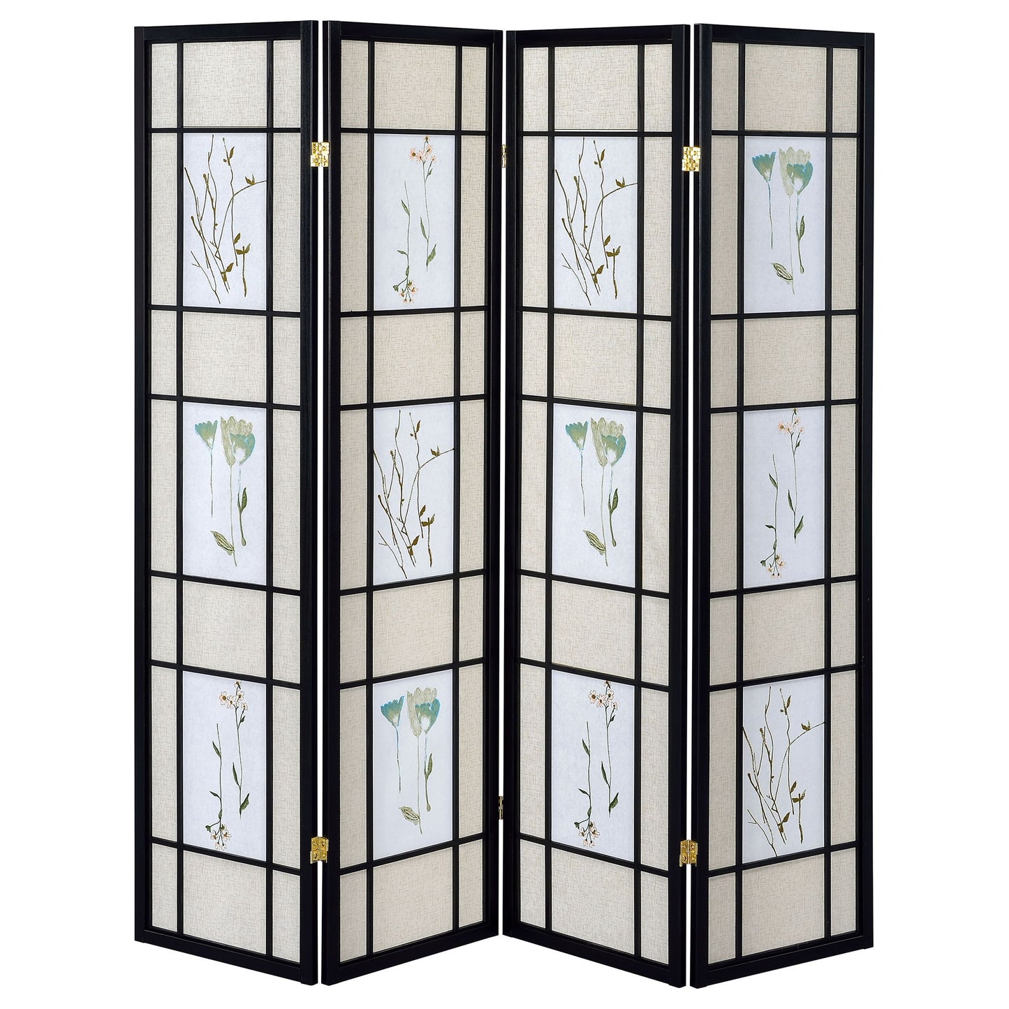 4 Panel Folding Screen With Floral Motif - Black