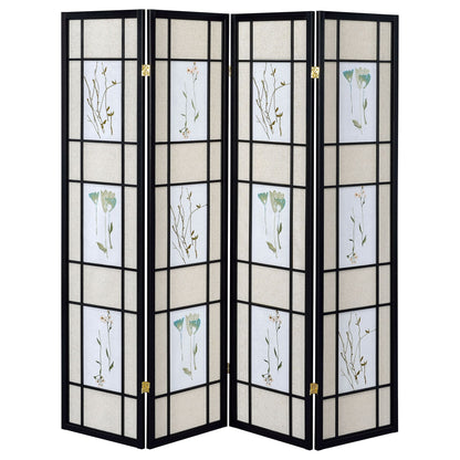4 Panel Folding Screen With Floral Motif - Black