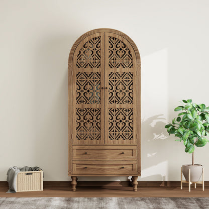 Tall Kitchen Pantry Cabinet With Hollow Carved Doors 2 Drawers And Adjustable Shelves Storage Display Cabinet For Kitchen Dining Room Or Living Room - Walnut