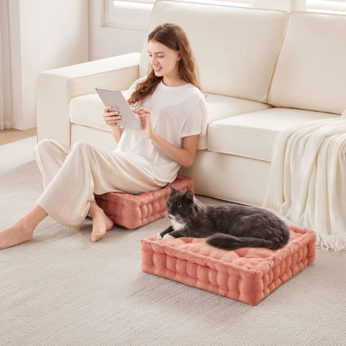Azza - Poly Chenille Square Floor Pillow Cushion Compress Pack - Dusty Peach