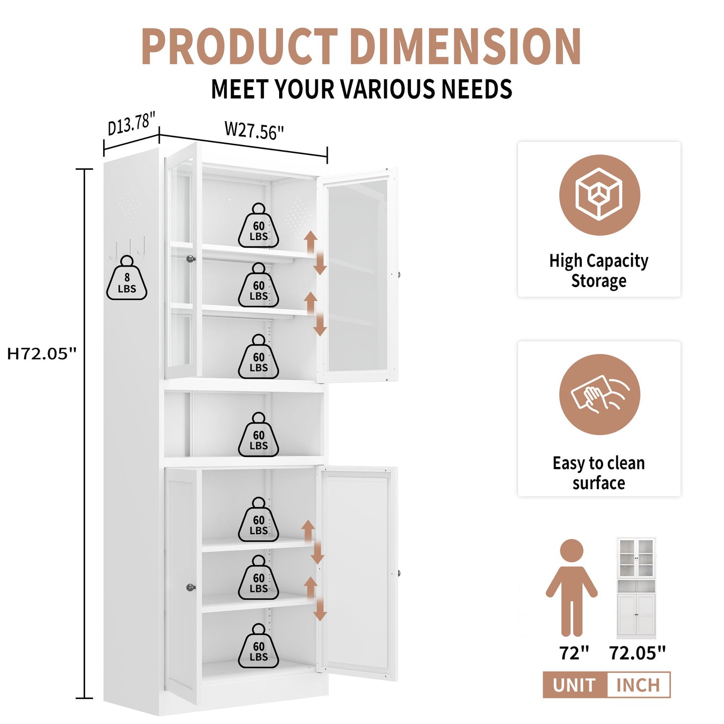 Kitchen Pantry Cabinet Tall Storage With Adjustable Shelves, Heavy Duty Stainless Steel Frame - White