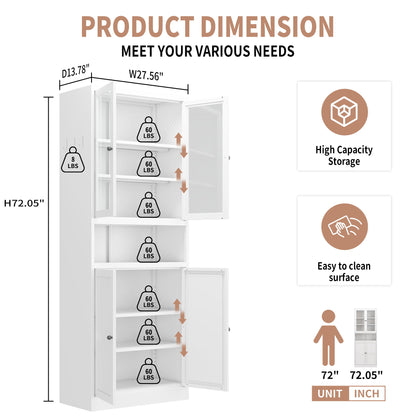 Kitchen Pantry Cabinet Tall Storage With Adjustable Shelves, Heavy Duty Stainless Steel Frame - White