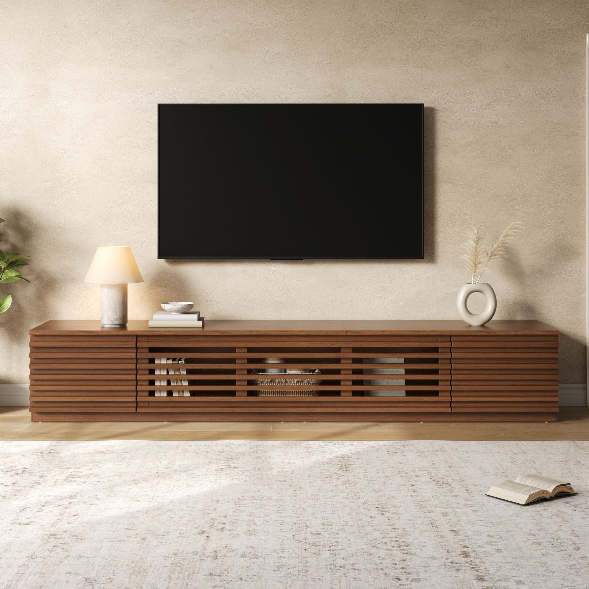 TV Stand, Entertainment Center With Cable Management And Soft Closing Hinges - Walnut