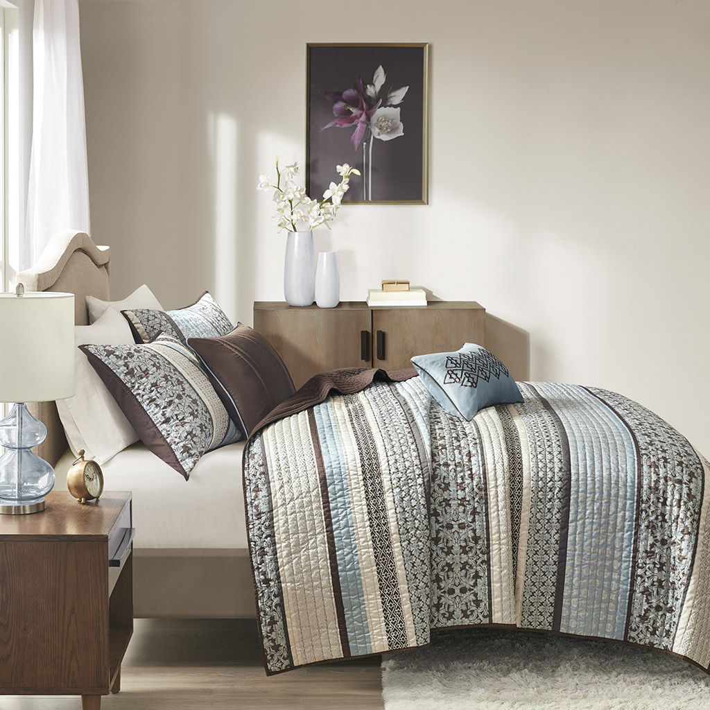 Princeton - 5 Piece Reversible Coverlet Set - Blue